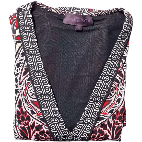 HALE BOB Paisley Jersey Shift Dress Size Medium Bohemian Long Sleeve V Neck Red - Picture 16 of 16